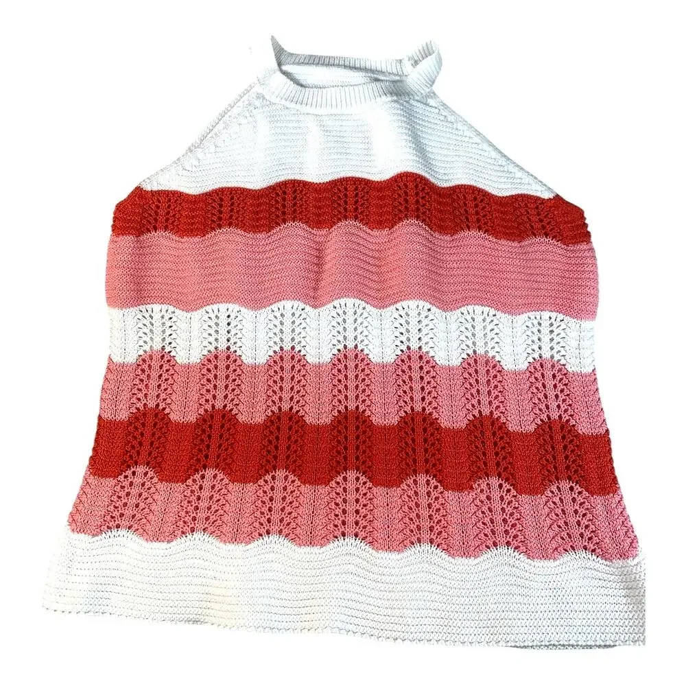 Open Knit Crocheted Multicolor Stripe Sleeveless Sweater Tank Top Summer Top XL - Picture 3 of 6